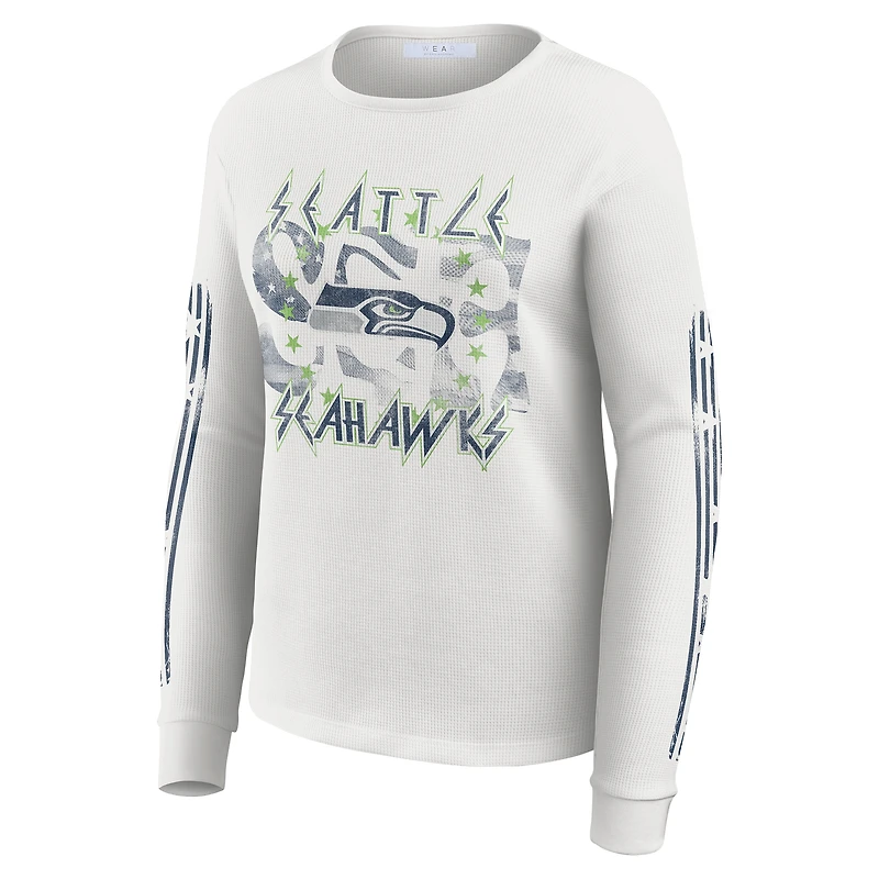 Women's WEAR by Erin Andrews  White Seattle Seahawks Graphic Waffle Long-Sleeve T-Shirt