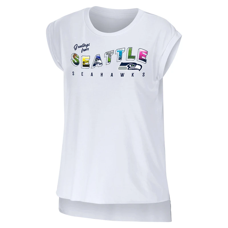 Women's WEAR by Erin Andrews White Seattle Seahawks Greetings From Muscle T-Shirt
