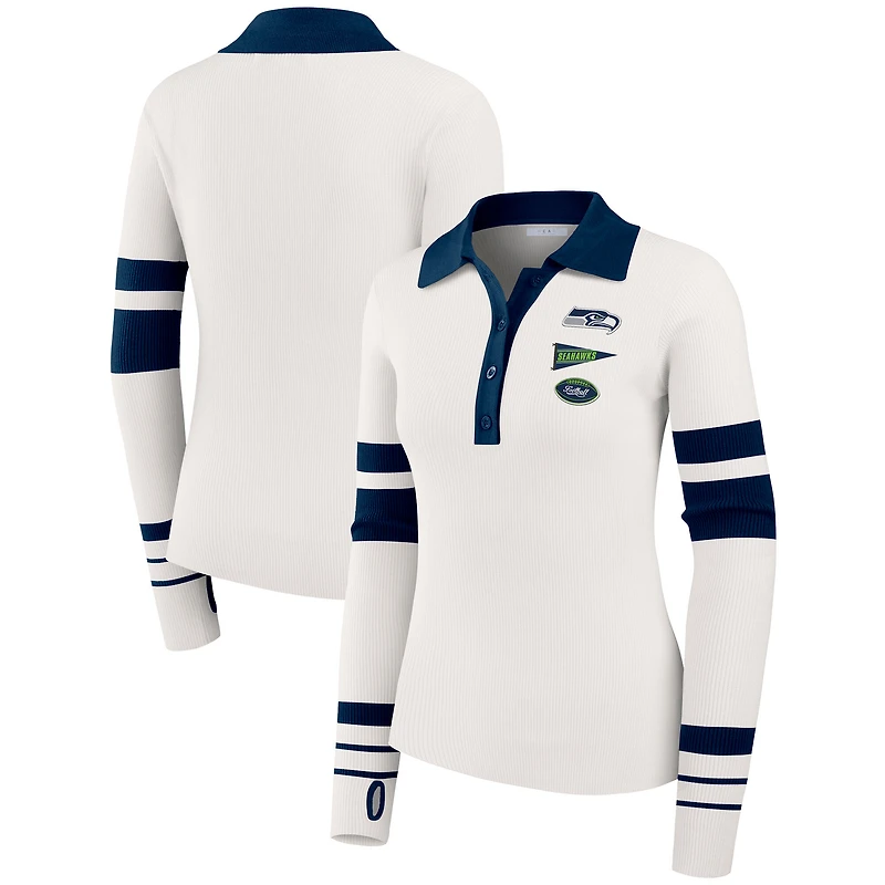 Women's WEAR by Erin Andrews White Seattle Seahawks Ribbed Henley Polo Sweater