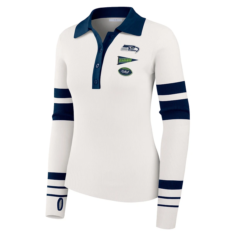 Women's WEAR by Erin Andrews White Seattle Seahawks Ribbed Henley Polo Sweater
