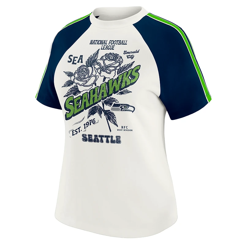 Women's WEAR by Erin Andrews White Seattle Seahawks Sleeve Stripe Distressed Raglan T-Shirt