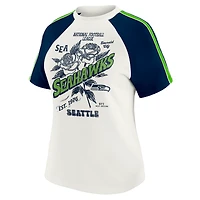 Women's WEAR by Erin Andrews White Seattle Seahawks Sleeve Stripe Distressed Raglan T-Shirt
