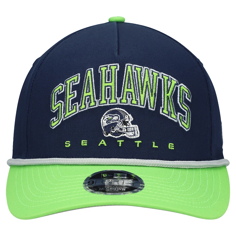 Casquette ajustable 9FORTY A-Frame de Seattle Seahawks Arch de New Era pour jeunes, bleu marine/vert fluo