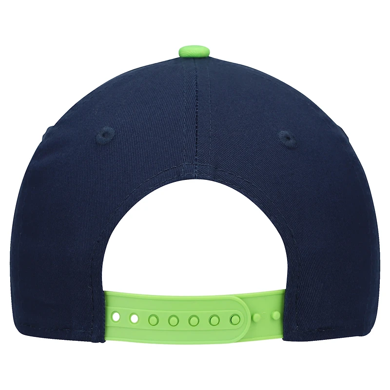 Youth New Era College Navy/Neon Green Seattle Seahawks Arch COOLERA 9FORTY A-Frame Adjustable Hat