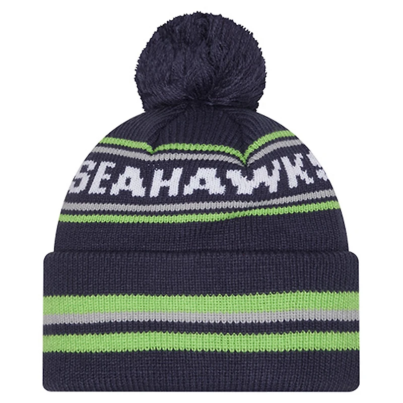 Bonnet en tricot à revers classique avec pompon pour jeune New Era College Navy Seattle Seahawks