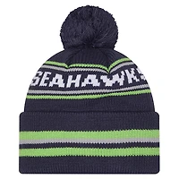 Bonnet en tricot à revers classique avec pompon pour jeune New Era College Navy Seattle Seahawks