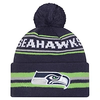 Bonnet en tricot à revers classique avec pompon pour jeune New Era College Navy Seattle Seahawks