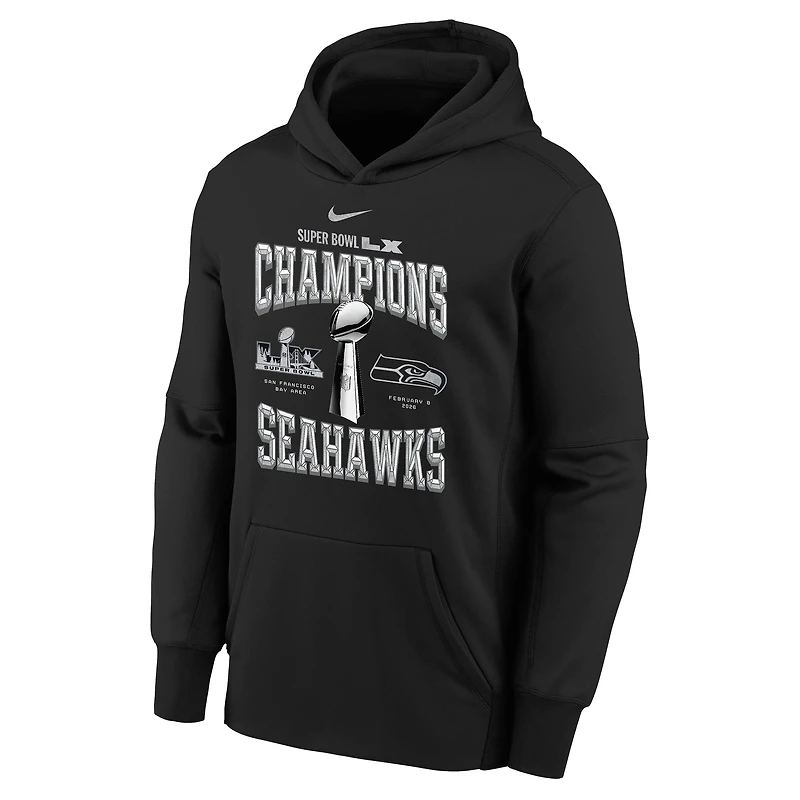 Sweat à capuche authentique Nike noir Seattle Seahawks Super Bowl LX Champions Locker Room Trophy Collection pour jeunes