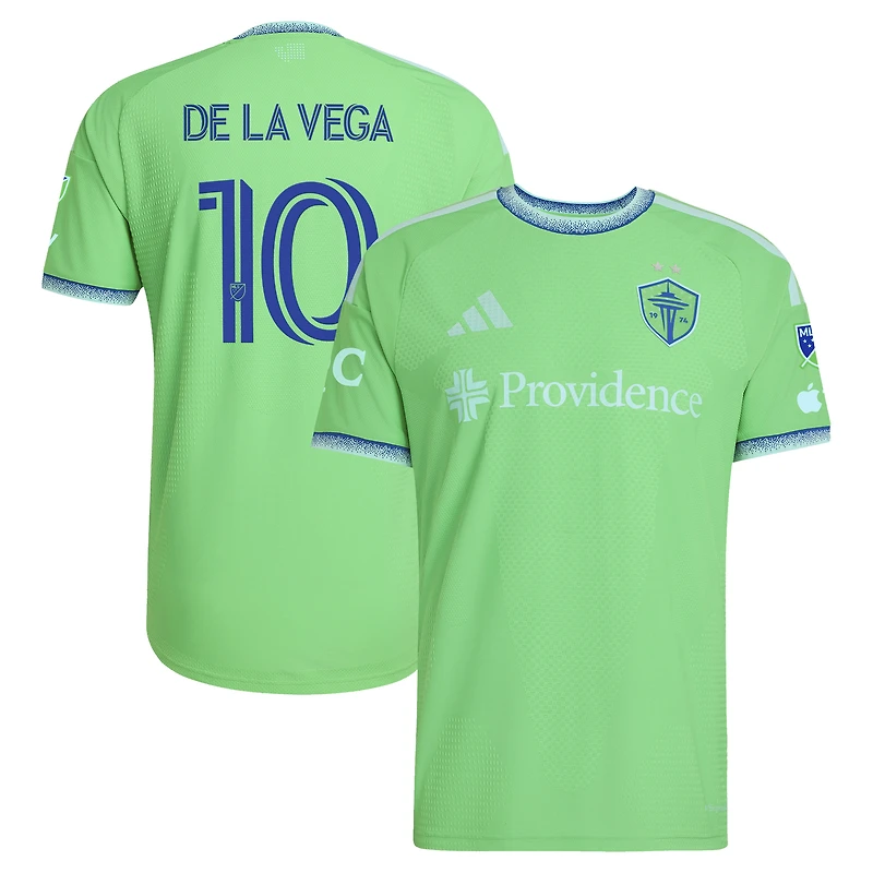 Men's adidas Pedro de la Vega Rave Green Seattle Sounders FC 2026 The Evergreen State Kit On-Field Authentic Patch Jersey