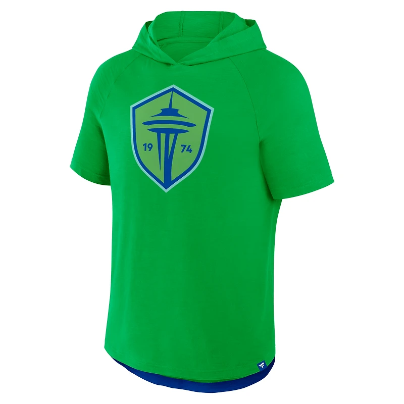 Men's Fanatics Rave Green Seattle Sounders FC Hat Trick Stadium Slub Raglan Short Sleeve Pullover Hoodie