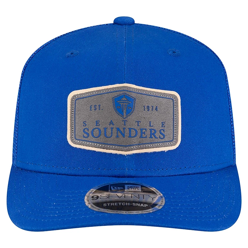 Men's New Era  Blue Seattle Sounders FC Labeled 9SEVENTY Trucker Stretch-Snap Adjustable Hat