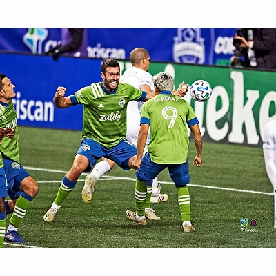 Raul Ruidiaz Seattle Sounders FC Unsigned 2020 MLS Cup Western Conference Finals Champions Goal Celebration with Will Bruin Photograph