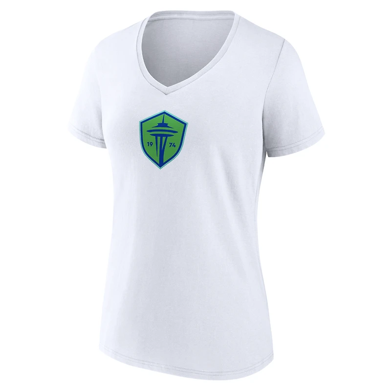Women's Fanatics White Seattle Sounders FC Primary Logo V-Neck T-Shirt
