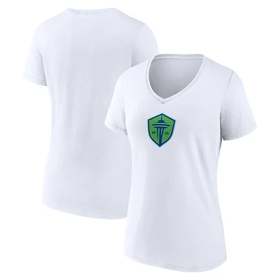 Women's Fanatics  White Seattle Sounders FC Primary Logo V-Neck T-Shirt