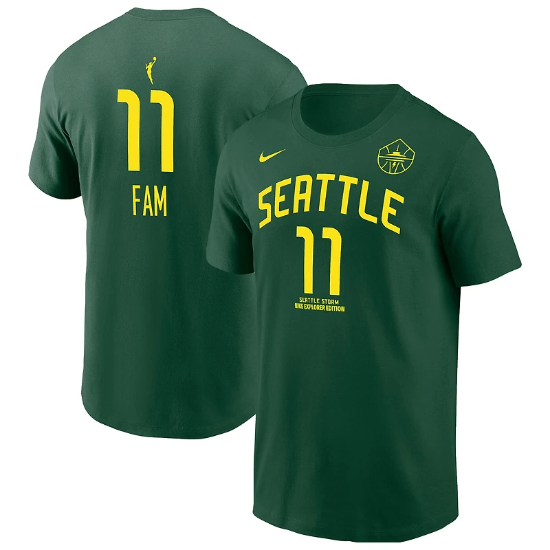 T-shirt Nike Awa Fam Green Seattle Storm Explorer Edition pour homme, avec nom et numéro
