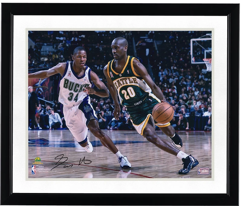 Gary Payton Seattle Supersonics Autographed 16" x 20" Dribbling in Green Photograph