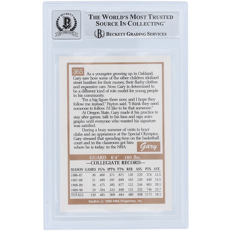 Gary Payton Seattle SuperSonics Autographed 1990-91 Skybox Series 1 #365 Beckett Fanatics Witnessed Authenticated 10 Rookie Card