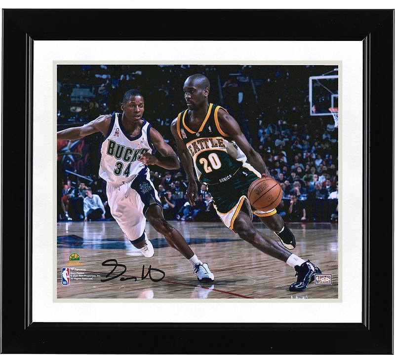 Gary Payton Seattle Supersonics Autographed 8" x 10" Dribbling in Green Photograph