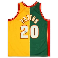 Gary Payton Seattle SuperSonics Autographed Mitchell & Ness Green & Gold Split 1995-96 Swingman Jersey with "The Glove" Inscription