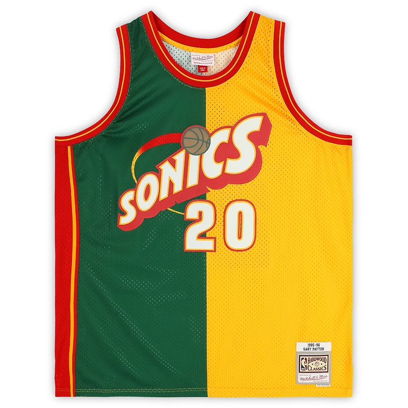 Gary Payton Seattle SuperSonics Autographed Mitchell & Ness Green & Gold Split 1995-96 Swingman Jersey with "The Glove" Inscription