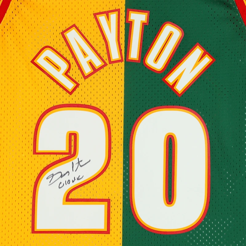 Gary Payton Seattle SuperSonics Autographed Mitchell & Ness Green & Gold Split 1995-96 Swingman Jersey with "The Glove" Inscription