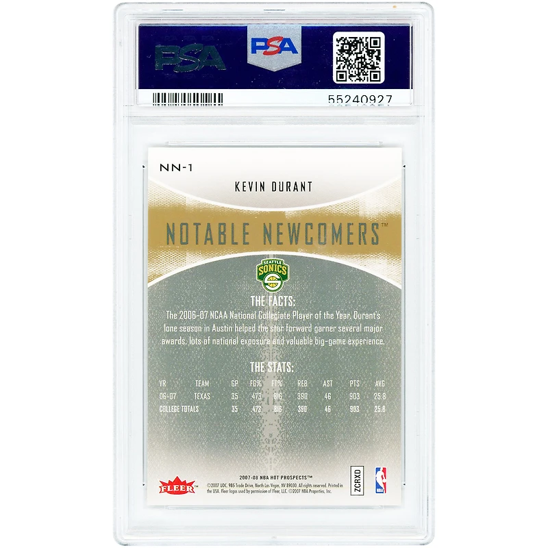 Kevin Durant Seattle SuperSonics 2007-08 Fleer Hot Prospects Notable Newcomers #NN-1 PSA Authenticated 10 Rookie Card
