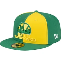 Casquette ajustée New Era 59FIFTY pour homme, or et vert, Seattle SuperSonics, style rétro années 80, motif girouette.