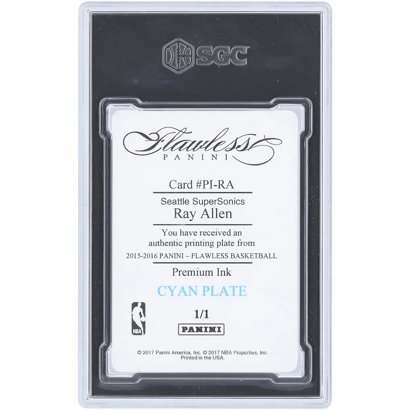 Ray Allen Seattle SuperSonics 2015-16 Panini Flawless Cyan Printing Plate #PI-RA #1/1 SGC Authenticated Auth Card
