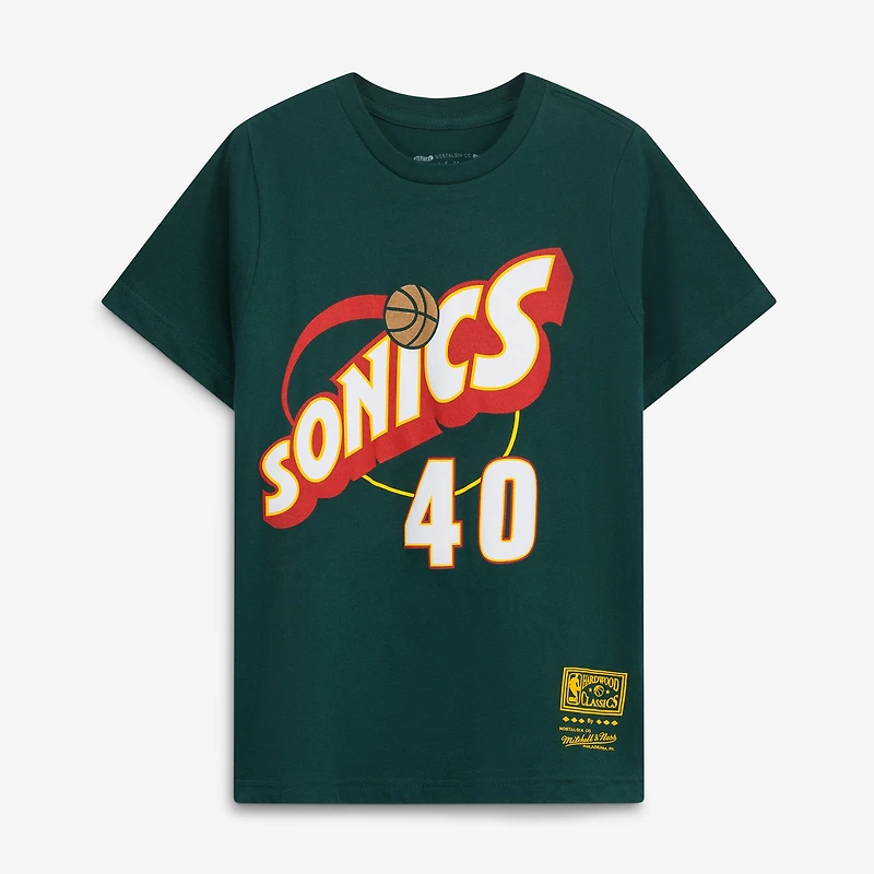 T-shirt enfant Shawn Kemp vert Seattle SuperSonics Hardwood Classics avec nom et numéro
