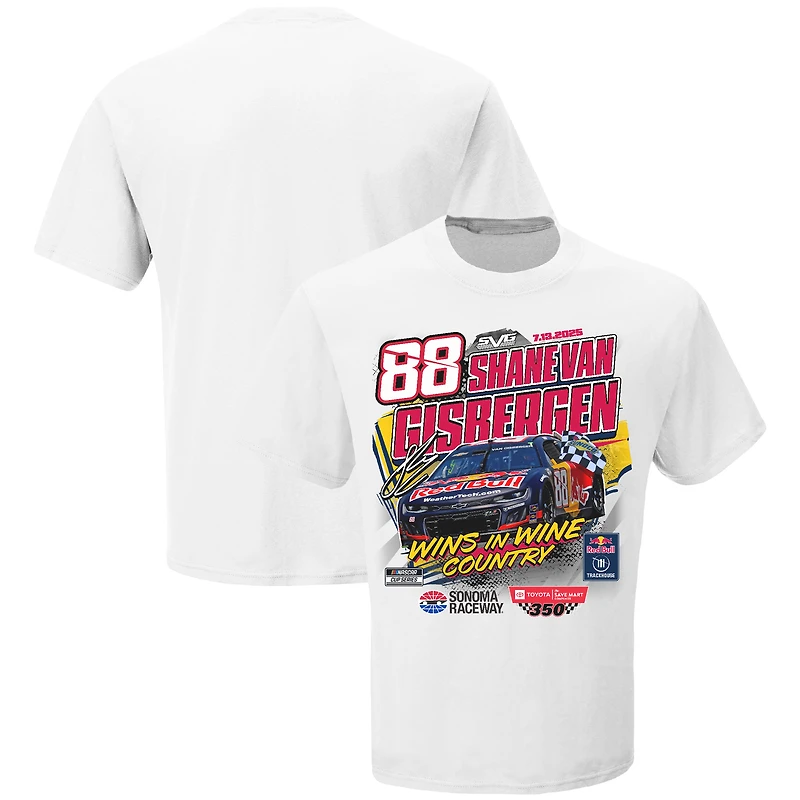 T-shirt blanc à damier pour homme, Shane van Gisbergen, vainqueur de la course Toyota/SaveMart 350 2025
