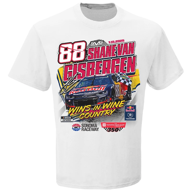 T-shirt blanc à damier pour homme, Shane van Gisbergen, vainqueur de la course Toyota/SaveMart 350 2025