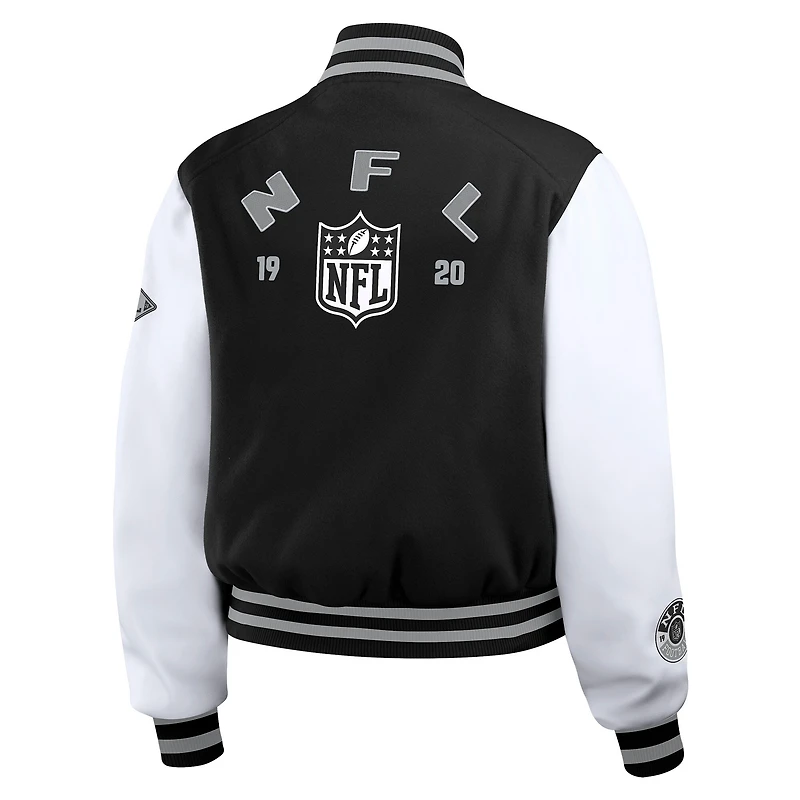 Veste zippée complète NFL Varsity noire/blanche WEAR by Erin Andrews pour femme
