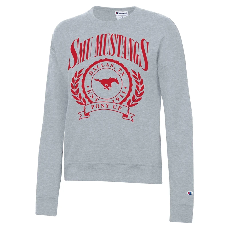 Women's Champion Heather Gray SMU Mustangs Academic Crest Powerblend Crewneck Sweatshirt