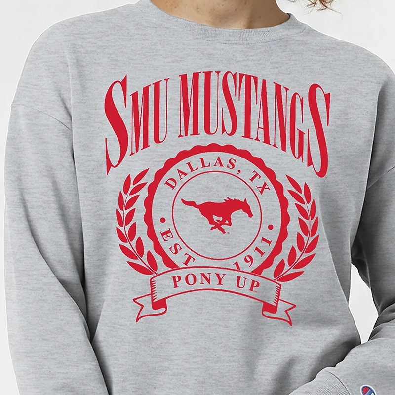 Sweat-shirt à col rond Powerblend gris chiné pour femme, modèle Champion, avec écusson académique des Mustangs de l'université SMU.