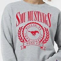 Sweat-shirt à col rond Powerblend gris chiné pour femme, modèle Champion, avec écusson académique des Mustangs de l'université SMU.