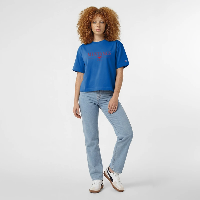 Women's Champion  Royal SMU Mustangs Waist Length Wordmark T-Shirt