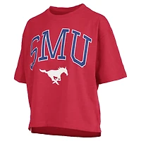 T-shirt oversize rouge Pressbox SMU Mustangs pour femmes, logo Nelson Arch Over, en flammèche