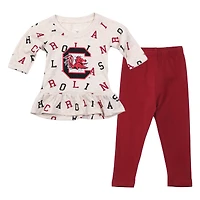 Girls Infant Wes & Willy Oatmeal South Carolina Gamecocks Ruffle Raglan Long Sleeve T-Shirt Leggings Set