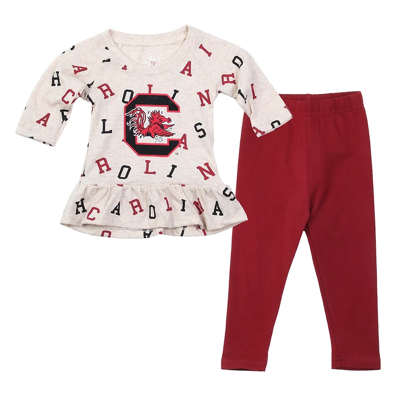 Girls Toddler Wes & Willy Oatmeal South Carolina Gamecocks Ruffle Raglan Long Sleeve T-Shirt Leggings Set