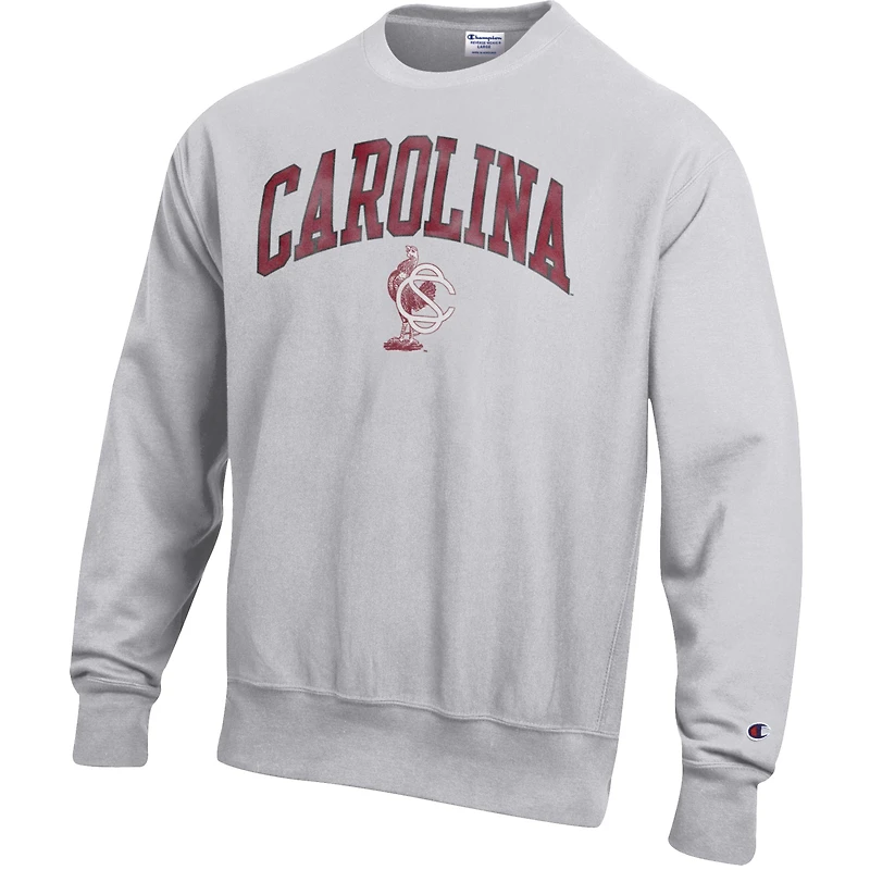 Men's Champion Gray South Carolina Gamecocks Distressed Arch Over Logo Reverse Weave Crew Neck Sweatshirt