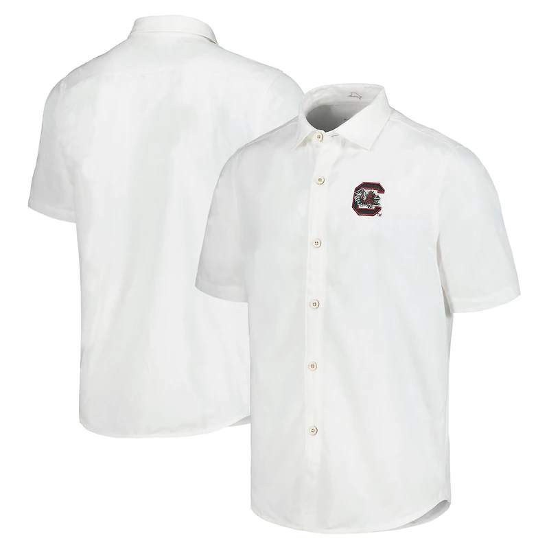 Chemise boutonnée Tommy Bahama pour hommes, Gamecocks de Caroline du Sud, blanche, Coconut Point, Palm Vista, IslandZone Camp