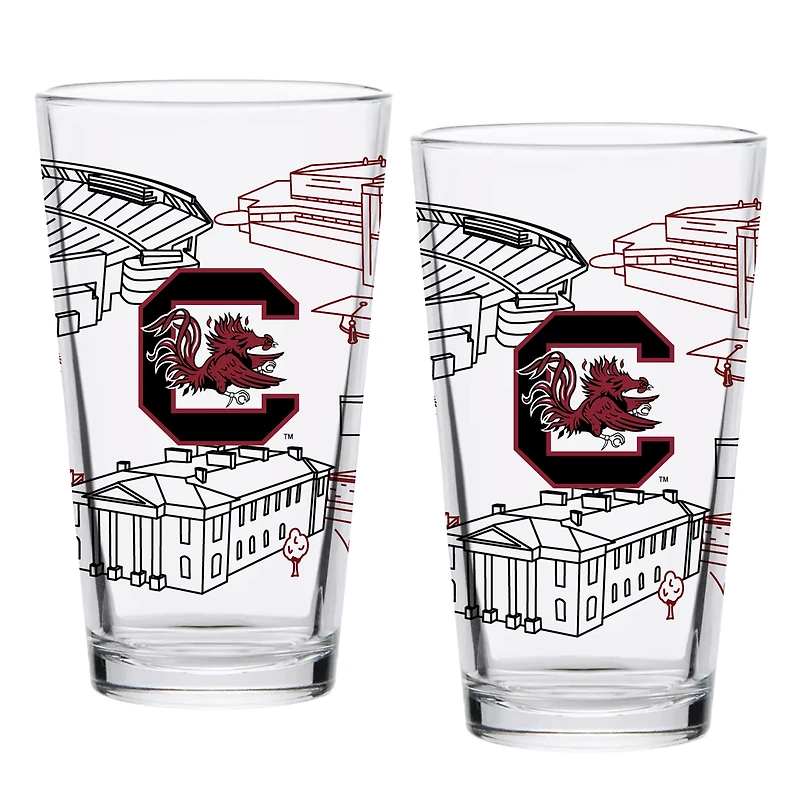 Pack de deux Gamecocks de Caroline du Sud 16oz. Ensemble de verres à pinte Campus Line Art
