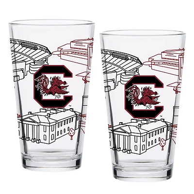 Pack de deux Gamecocks de Caroline du Sud 16oz. Ensemble de verres à pinte Campus Line Art