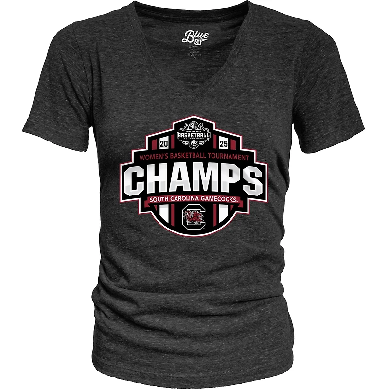 T-shirt à col en V bleu 84 noir South Carolina Gamecocks Champions du tournoi de basket-ball féminin SEC 2025 pour femmes