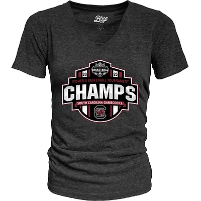 T-shirt à col en V bleu 84 noir South Carolina Gamecocks Champions du tournoi de basket-ball féminin SEC 2025 pour femmes