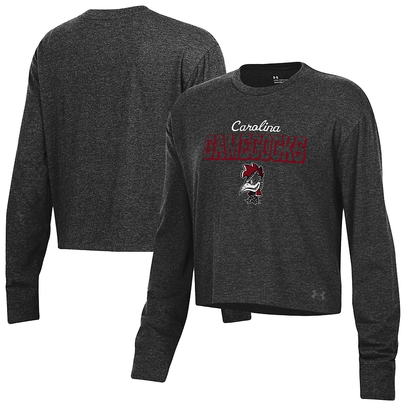 Women's Under Armour Heather Black South Carolina Gamecocks Essentials Icon Ultra-Soft Cropped Long Sleeve Tri-Blend Performance T-Shirt
