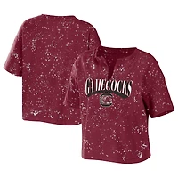Women's WEAR by Erin Andrews Garnet South Carolina Gamecocks Bleach Wash Splatter T-shirt court à col cranté
