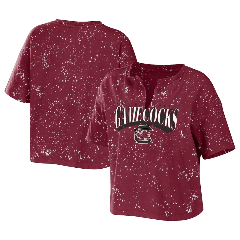 Women's WEAR by Erin Andrews Garnet South Carolina Gamecocks Bleach Wash Splatter T-shirt court à col cranté
