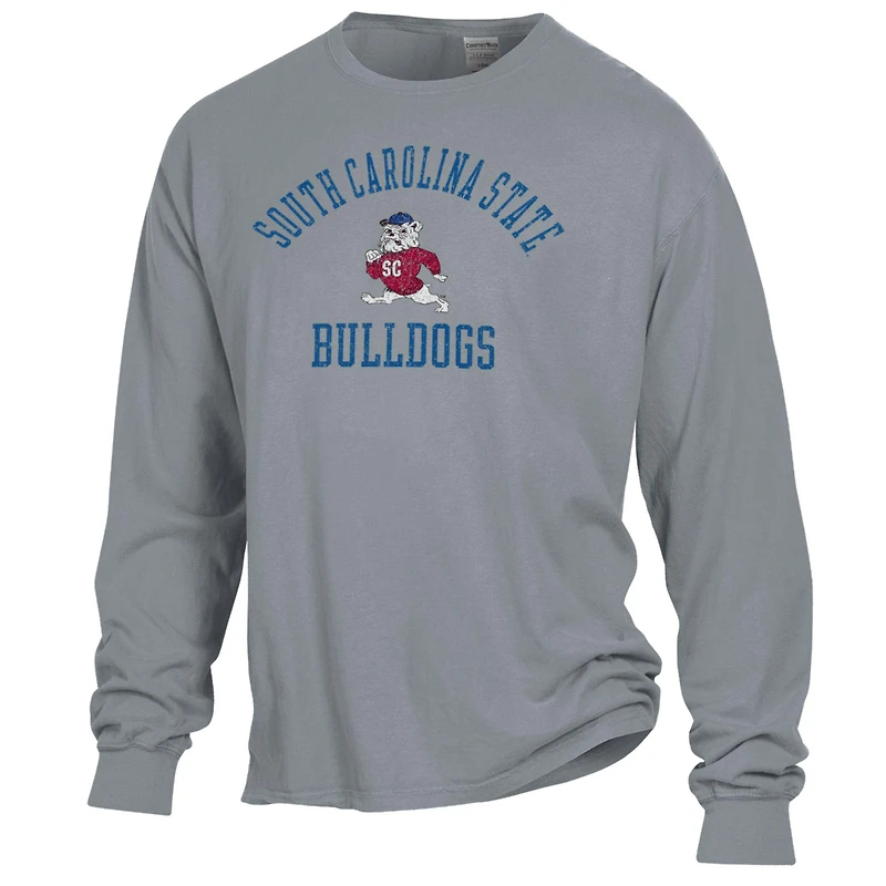 T-shirt à manches longues ComfortWash gris pour homme, avec logo en forme d'arche des Bulldogs de l'Université d'État Caroline du Sud, teint pièce