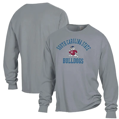 T-shirt à manches longues ComfortWash gris pour homme, avec logo en forme d'arche des Bulldogs de l'Université d'État Caroline du Sud, teint pièce
